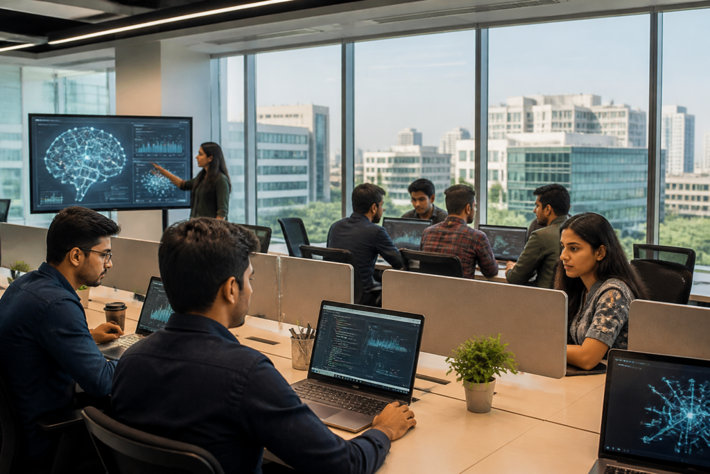 Project Helix AI skills platform concept with Bengaluru professionals learning on digital devices