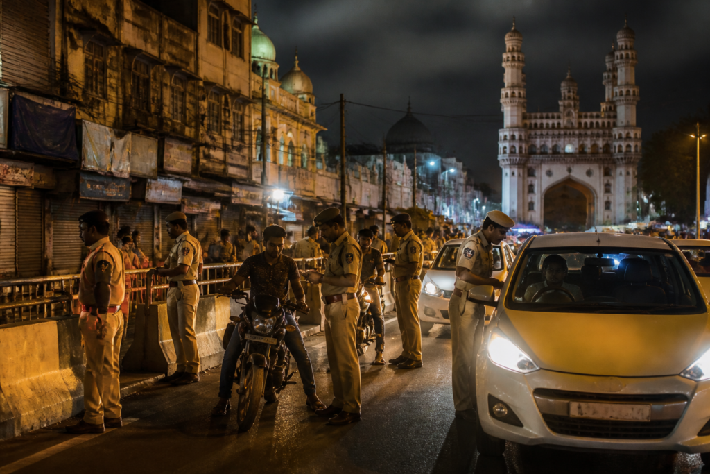 Operation Kavach Hyderabad police teams conducting night vehicle checks on a city road