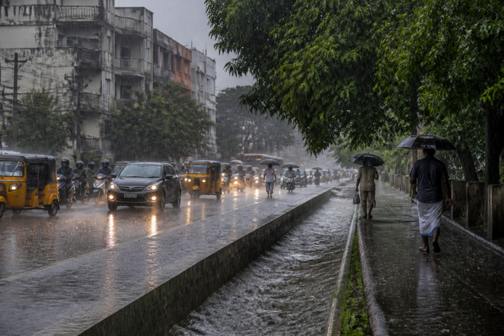 Northeast Monsoon 2026 rain falling over a southern Indian city street