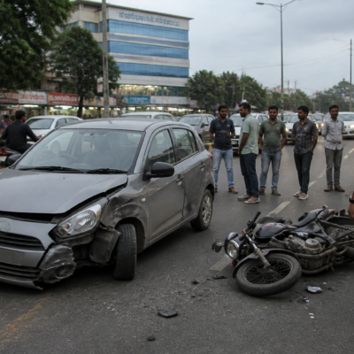 Kothrud road accident scene on Paud Road in Pune with a damaged car and gathered pedestrians
