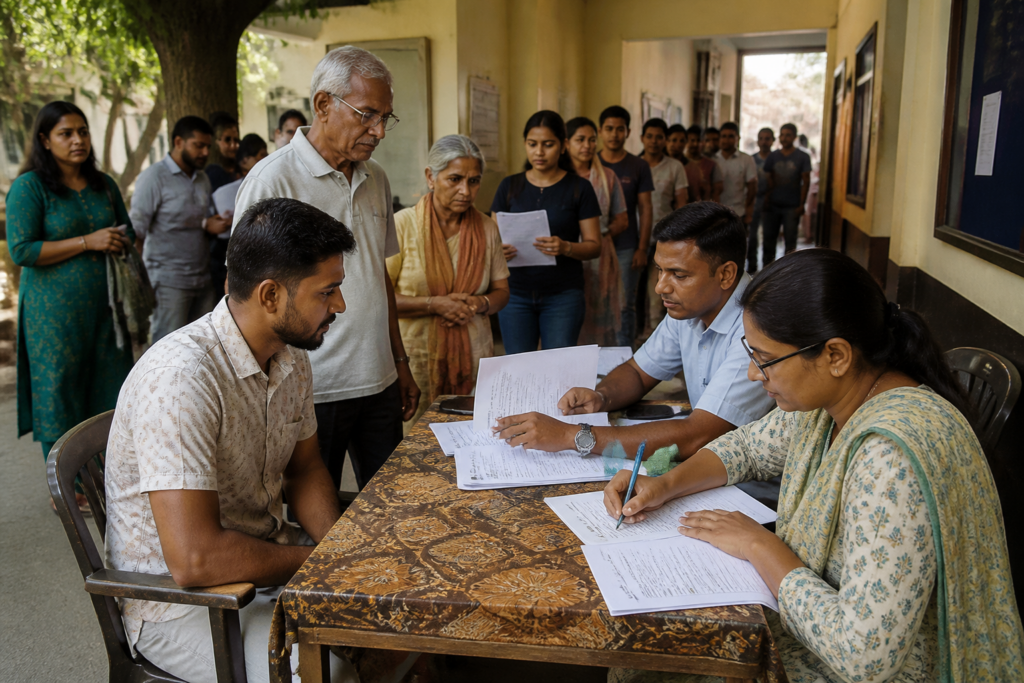 Pune voter registration camp officials assisting residents at a polling station