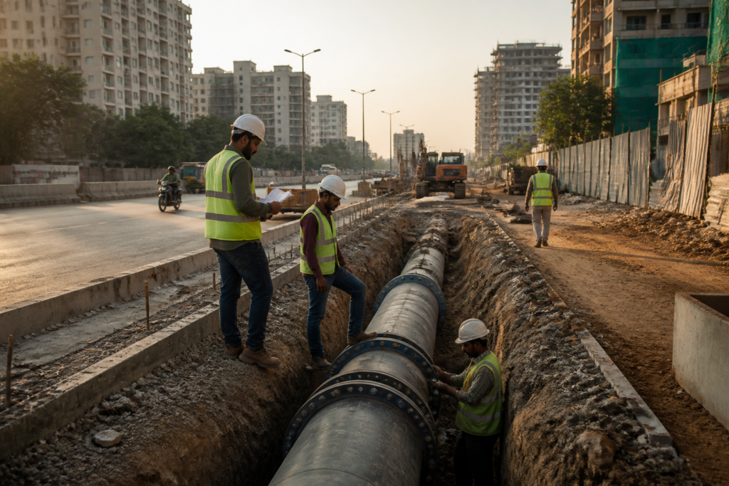 Kunal Icon Road water pipeline works planned alongside a developing road in Pimple Saudagar