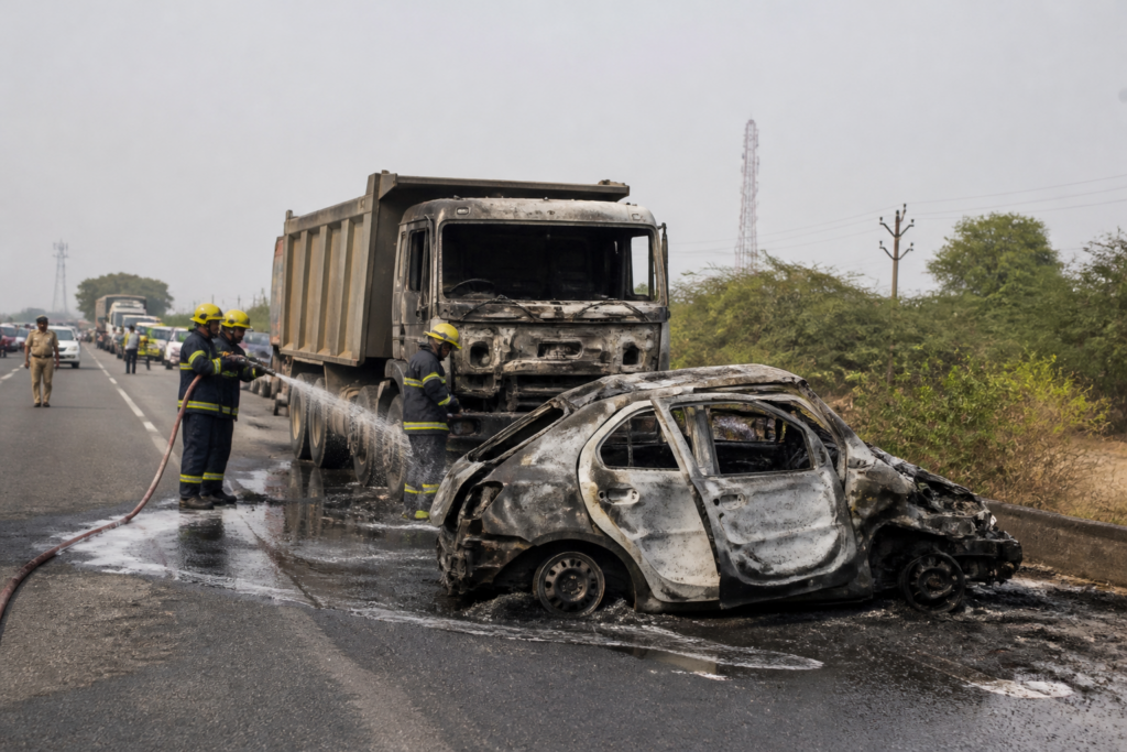 Fire response at the site of a Dhandhuka highway accident involving a car and dumper