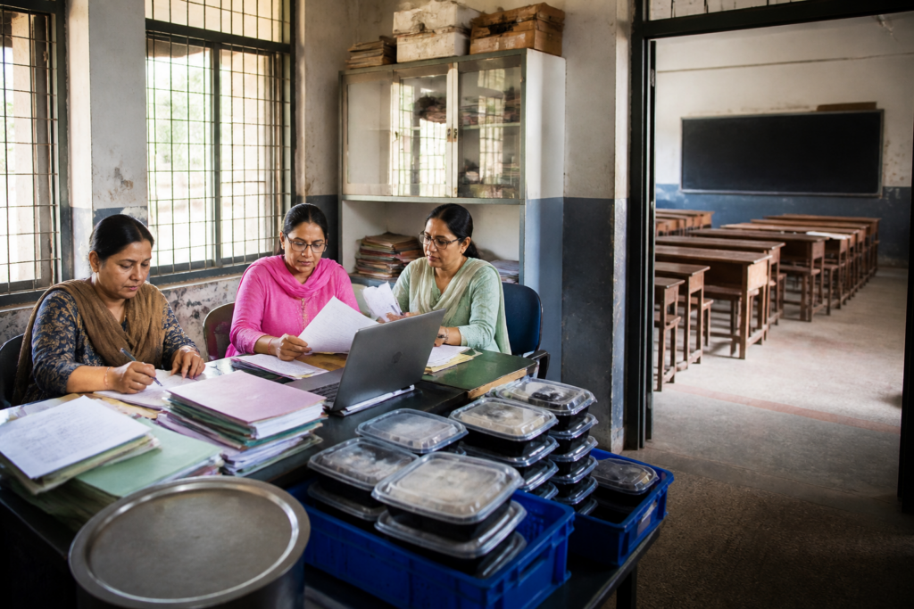Gujarat teachers non-teaching duties shown through a primary school classroom and administrative paperwork