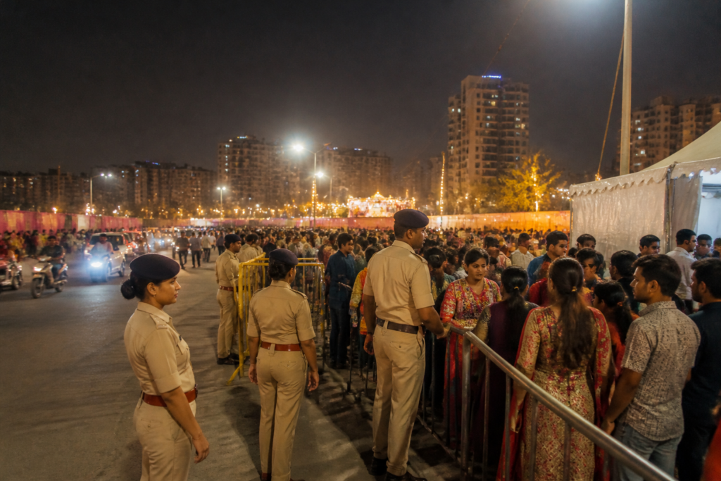 Security outside an Ahmedabad garba venue during a crowded festival evening