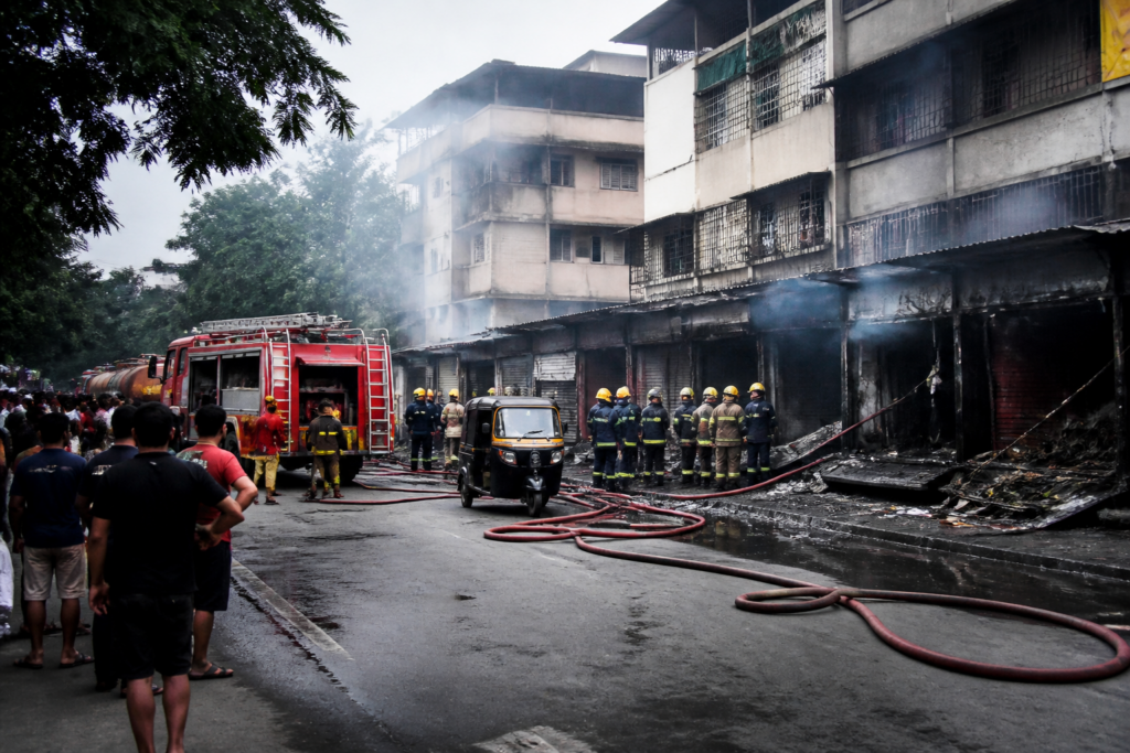 Fire response vehicles at the site of the Shilphata fire in Mumbra