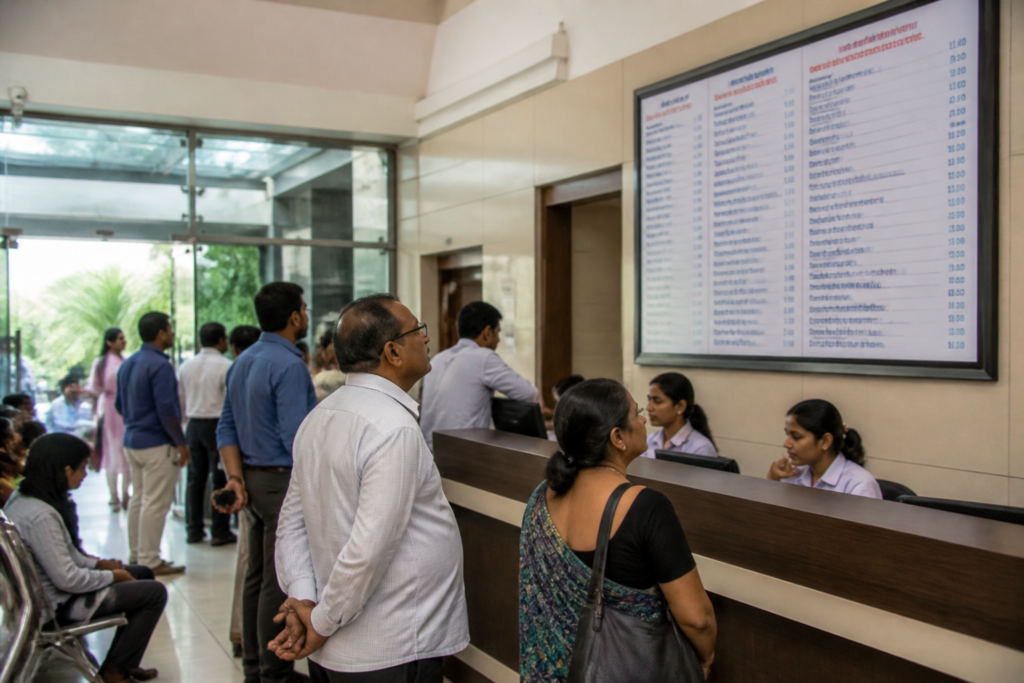 Maharashtra hospital rate lists displayed near a billing counter for patients and visitors.