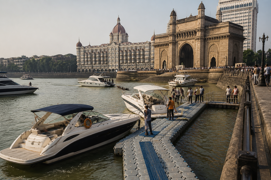 Gateway of India pontoon with tourist boats and Mumbai waterfront visitors