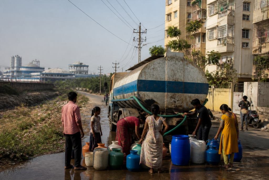 Hyderabad water crisis reflected by a municipal water tanker operating on a dry urban street