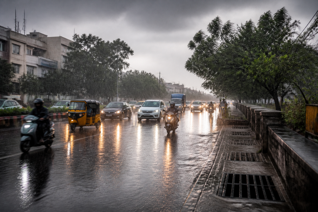 Tamil Nadu rain alert showing a waterlogged urban road during heavy monsoon rain