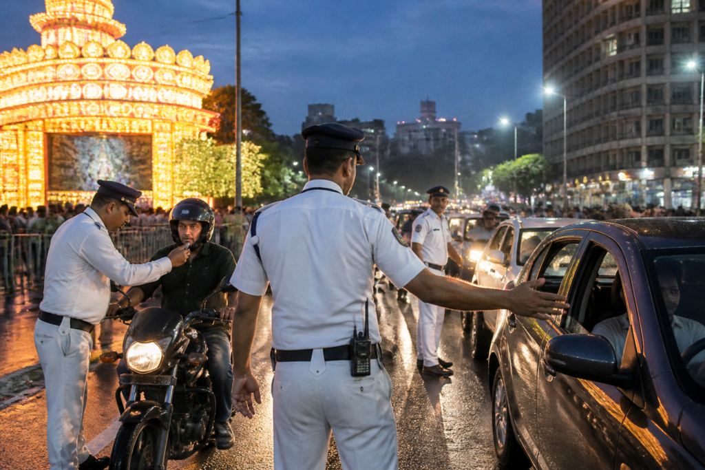 Kolkata traffic police monitoring vehicles during Durga Puja night traffic