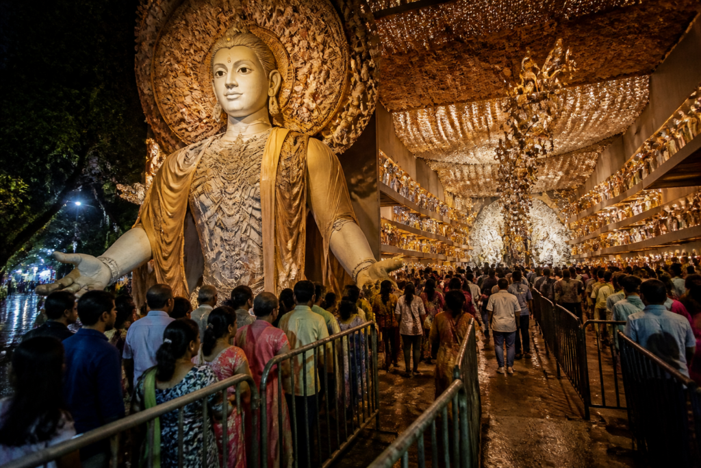 Chetla Agrani Durga Puja 2026 pandal with a large Krishna Vishwarupa installation in Kolkata