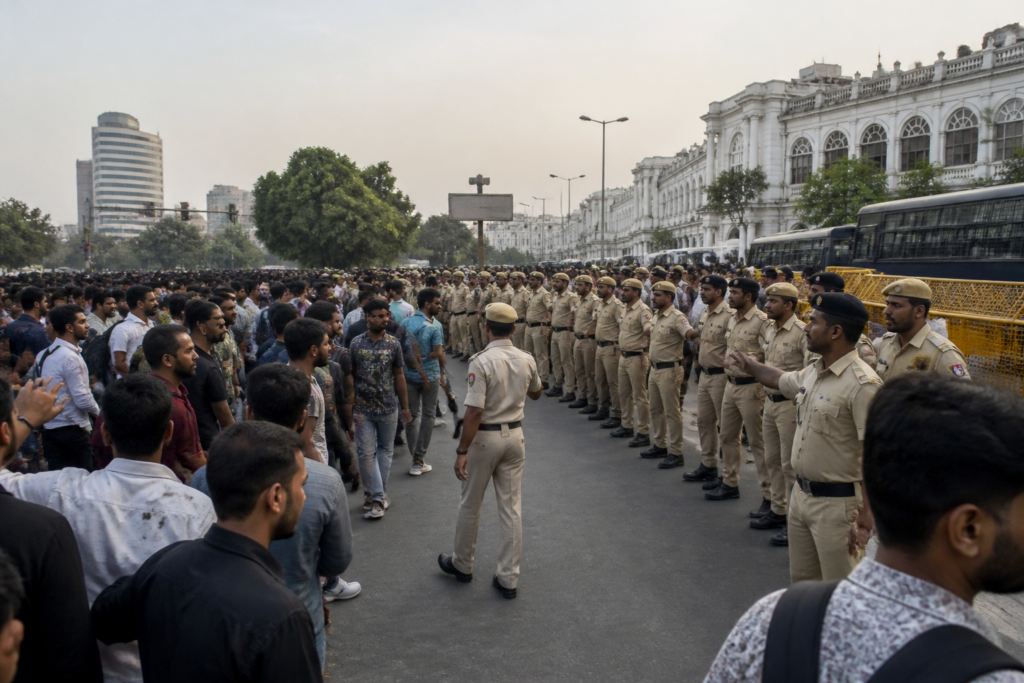 Delhi Police personnel disperse a crowd during the Connaught Place protest march.