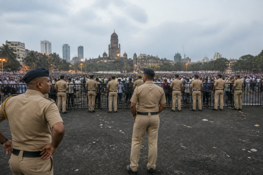 Mumbai Azad Maidan rally site with police preparing for a large gathering