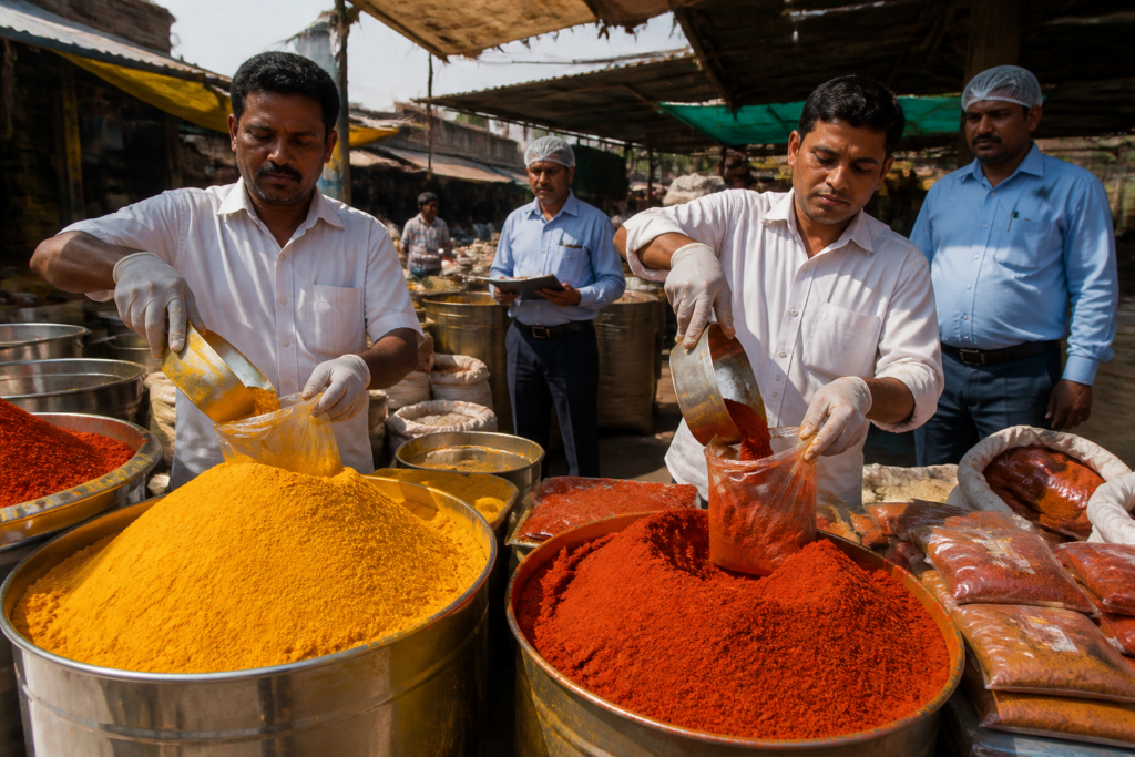 Maharashtra spice sale ban affecting loose turmeric and chilli powders at a spice market