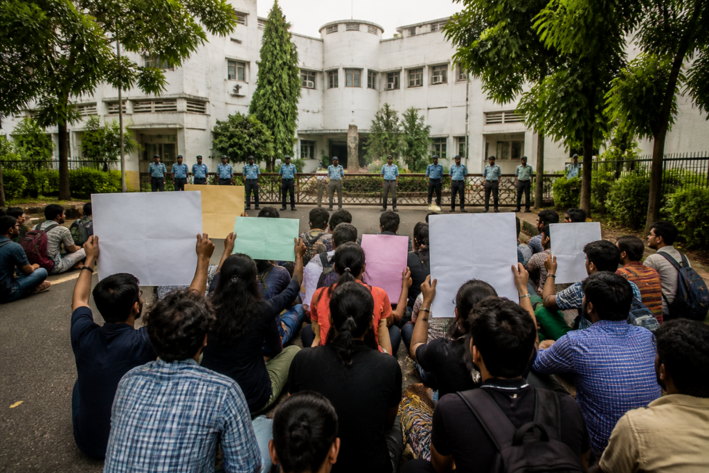 SRFTI campus in Kolkata during a student protest after six students were rusticated