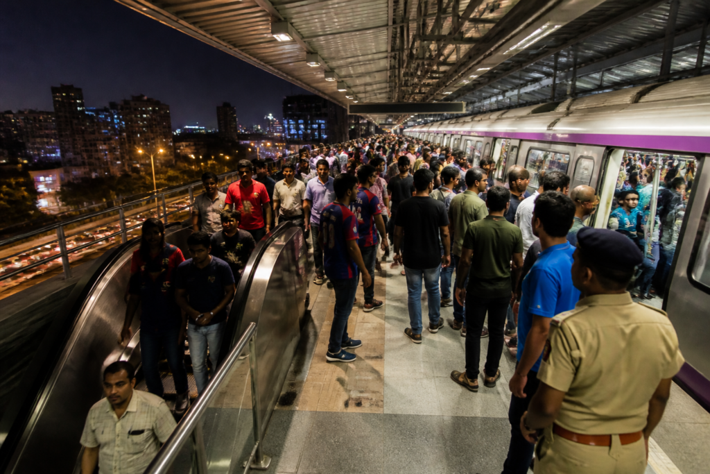 Bengaluru Metro train serving late-night match spectators
