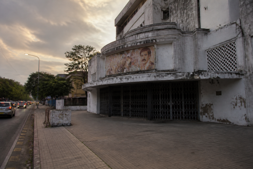 Albert Theatre Chennai with its closed gates and a faded film poster outside