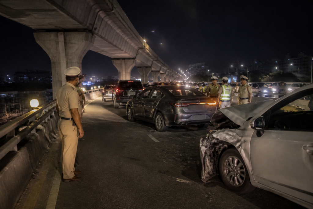 PVNR Expressway accident involving cars near a divider in Hyderabad