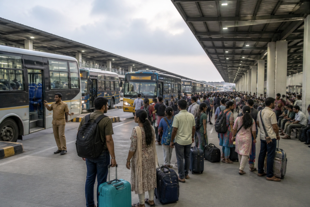 Chennai special buses at a crowded intercity bus terminal during the Ayudha Pooja travel rush