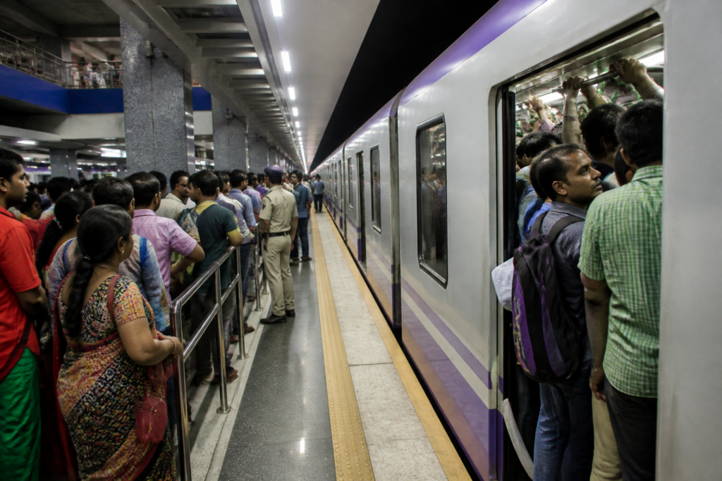 Kolkata Metro crowding at a packed station during Durga Puja