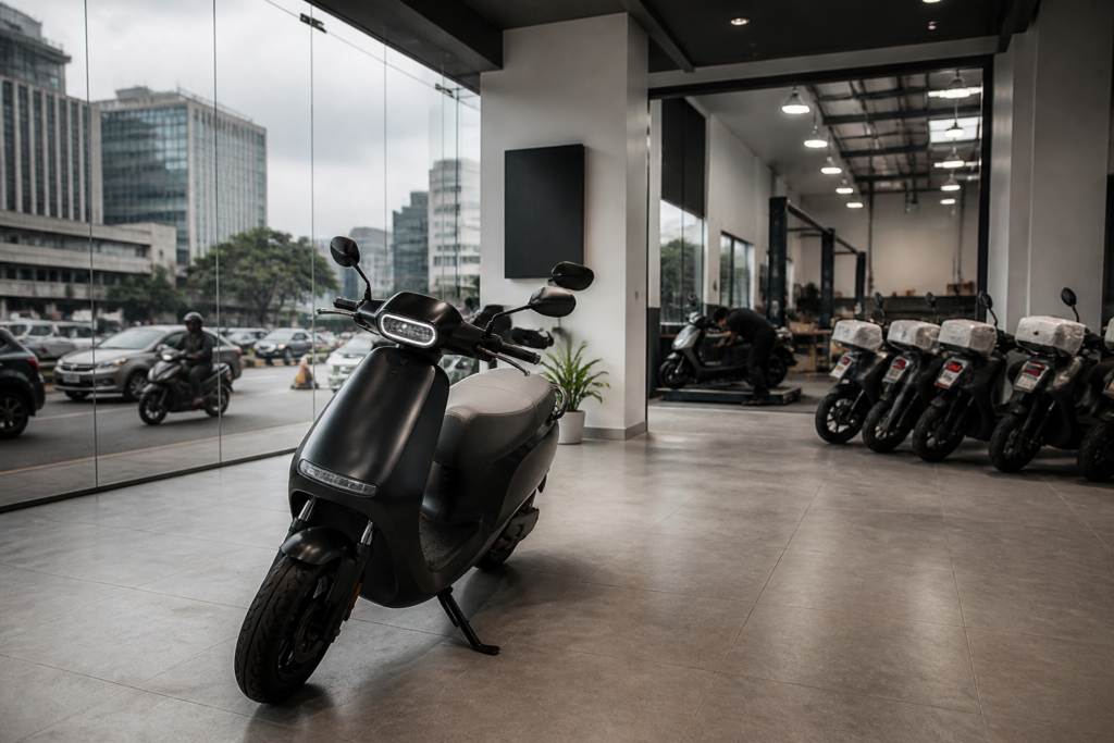 Ola Electric rights issue documents beside an electric scooter and dealership network imagery