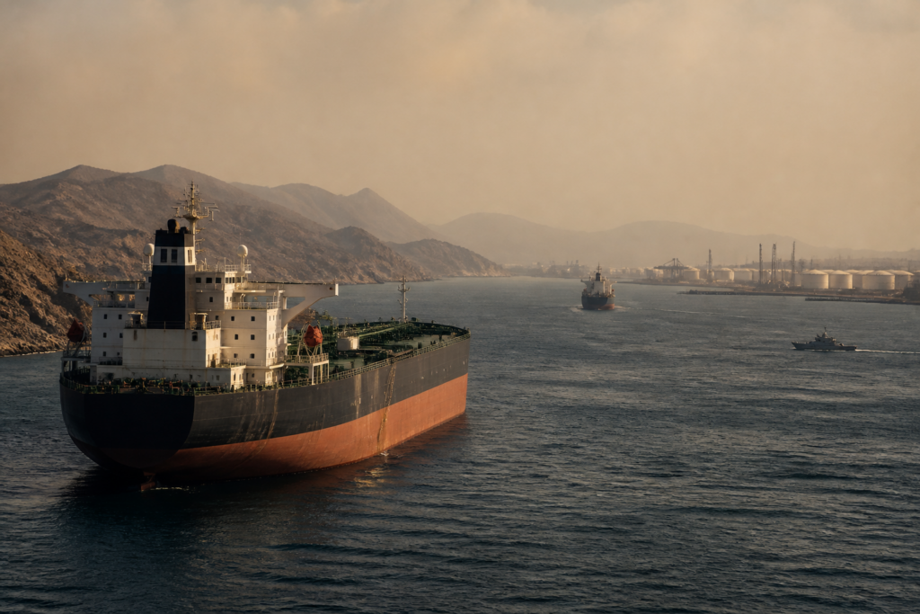 Strait of Hormuz oil flows with an oil tanker passing a tense Gulf shipping route