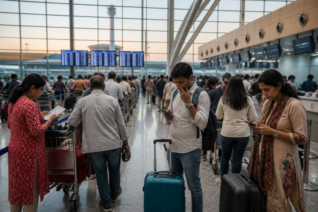 Aviation rules India discussed outside a busy airport terminal with passengers and flight information displays.