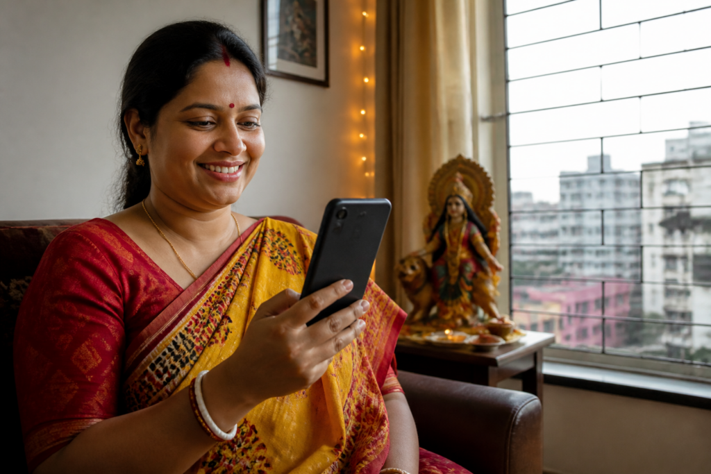 Annapurna Yojana beneficiary checking a direct benefit transfer message in Kolkata