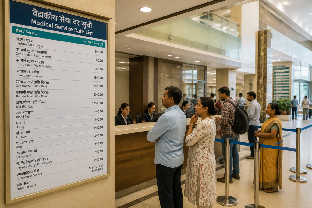 Hospital rate lists in Marathi and English displayed at a Maharashtra healthcare facility