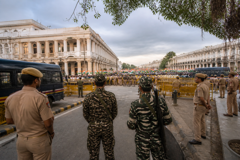 Delhi protests near Connaught Place amid heavy police deployment and crowd-control barricades