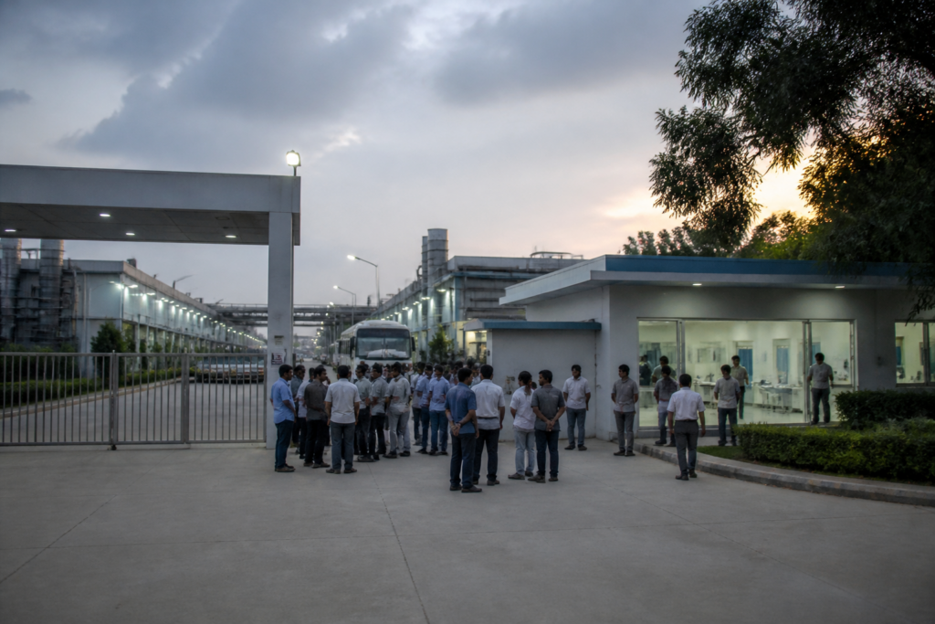 Tata Electronics worker death inquiry at a large industrial plant near Kolar