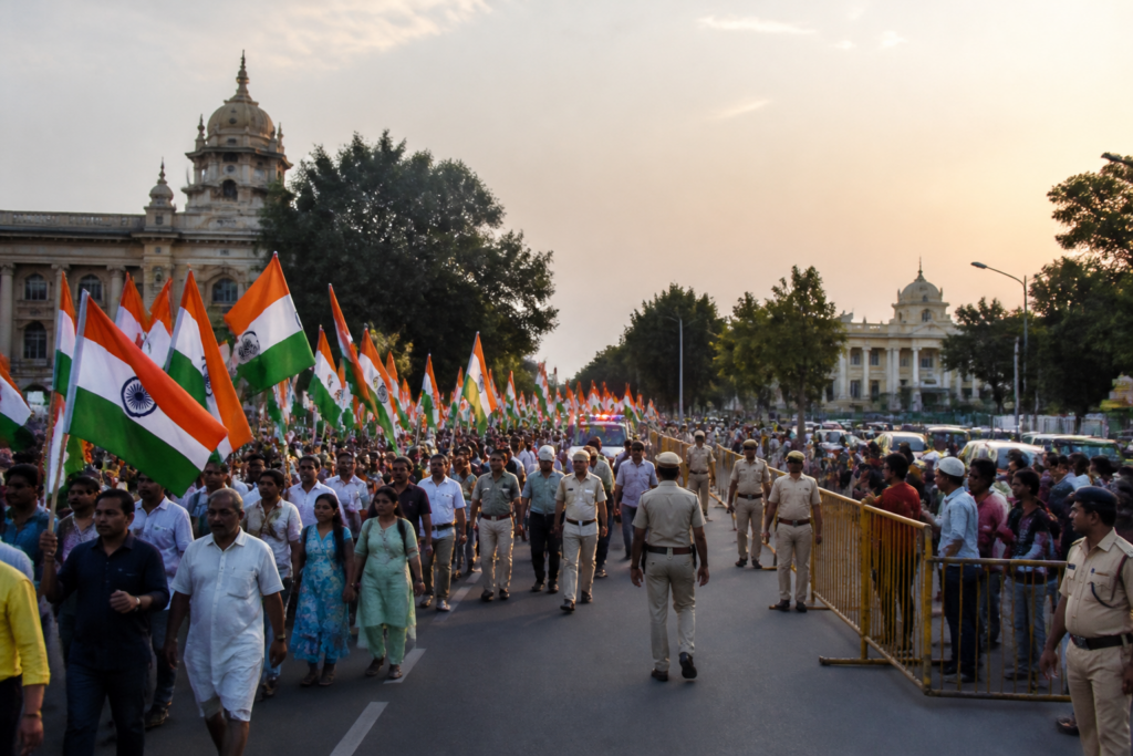 Bengaluru Tiranga March participants walking under police security near Town Hall