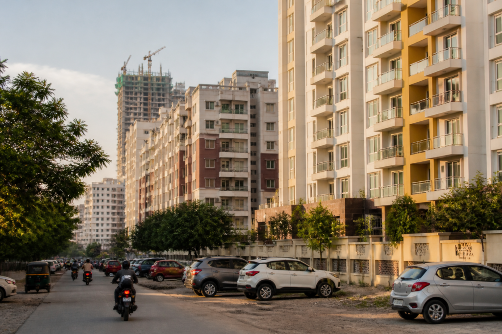Hyderabad property registrations represented by a residential district with apartment buildings and homes