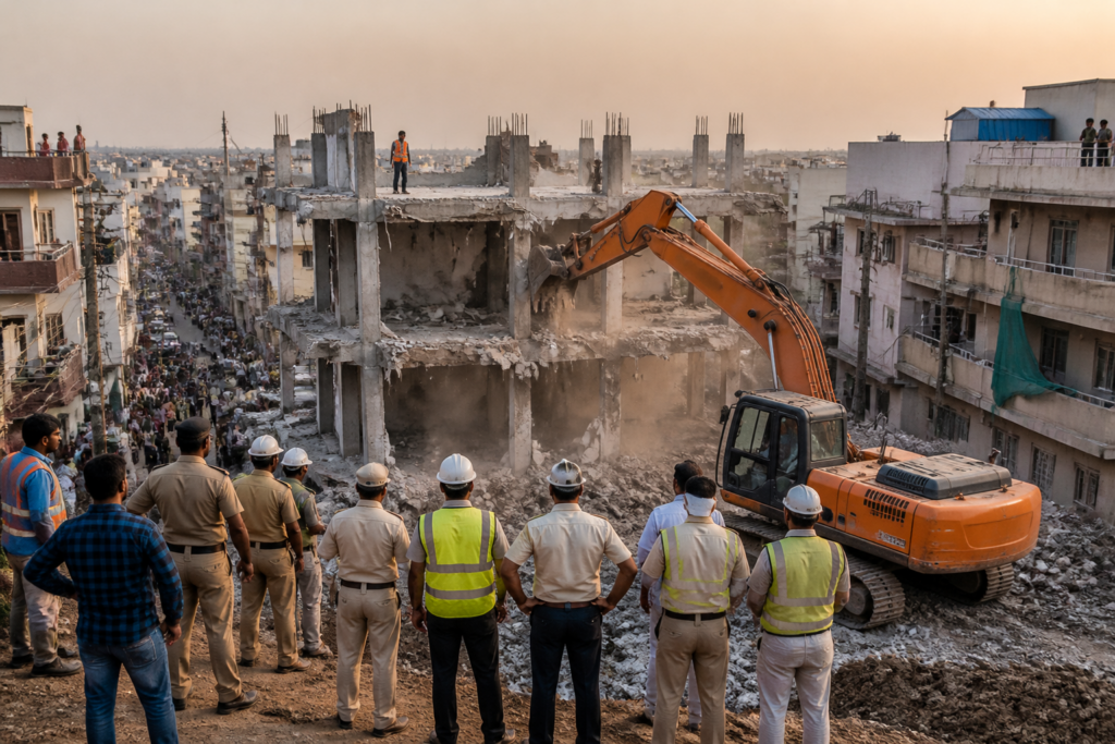 GHMC demolition drive targeting an unauthorised construction in Hyderabad
