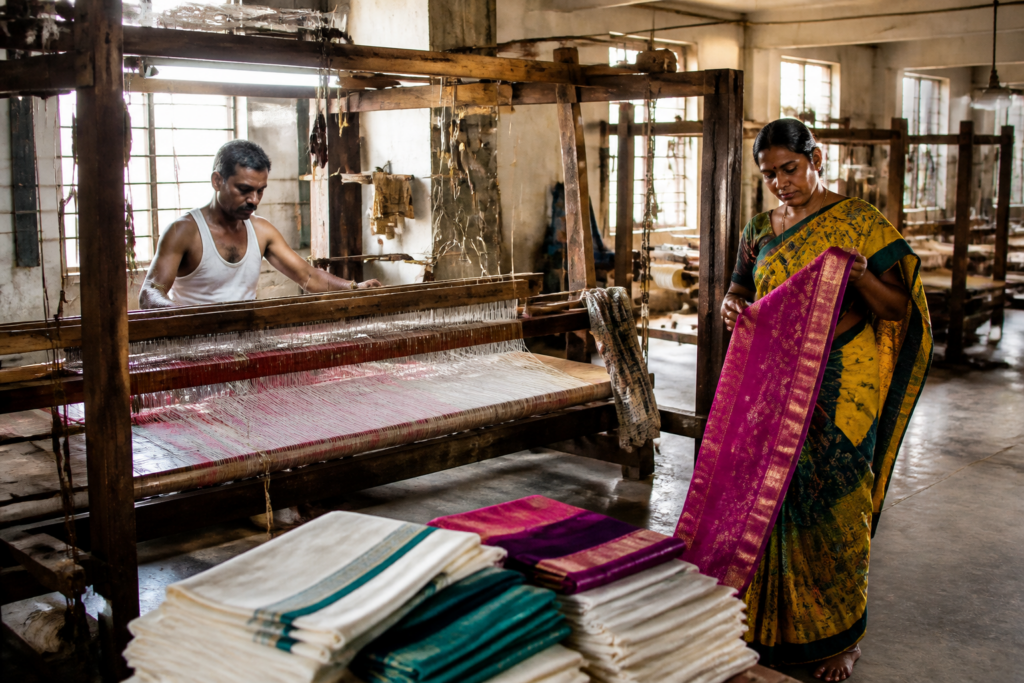 Pongal dhoti saree weaving wages being revised at a Tamil Nadu handloom workshop
