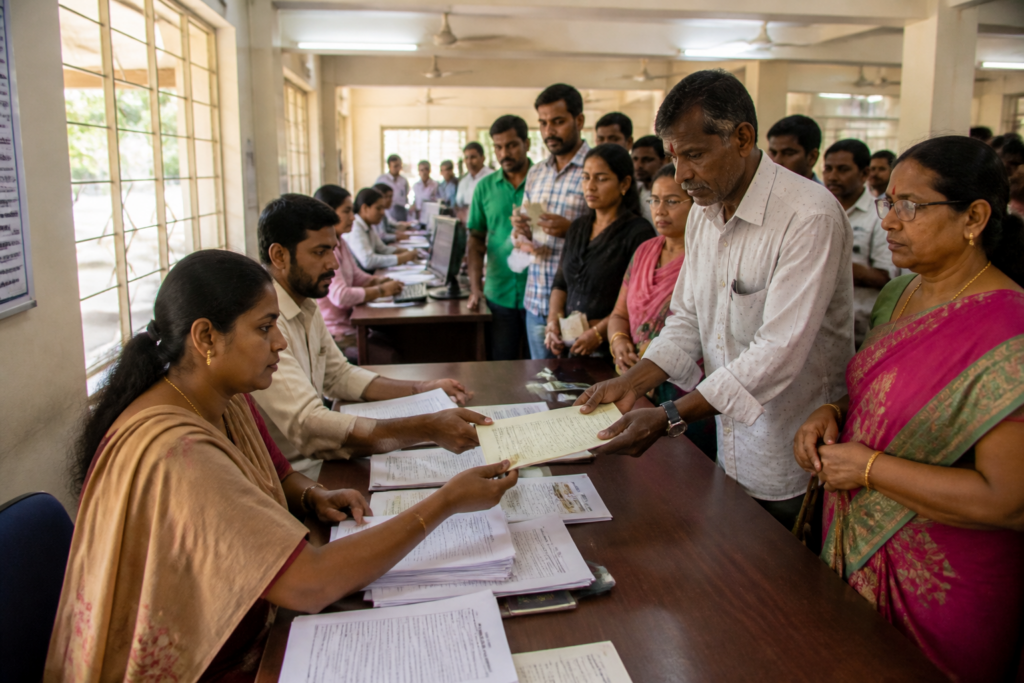 Tamil Nadu voter roll revision notice and voter registration forms at an election office