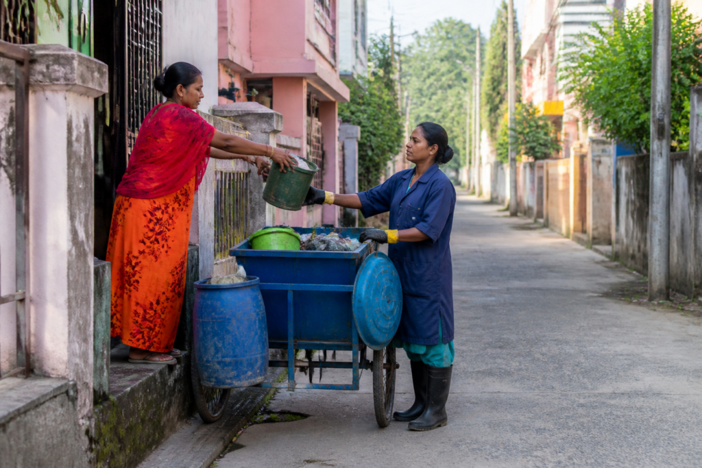 Ashokenagar waste worker Rekha Chattopadhyay collecting household waste with a three-wheeled cart