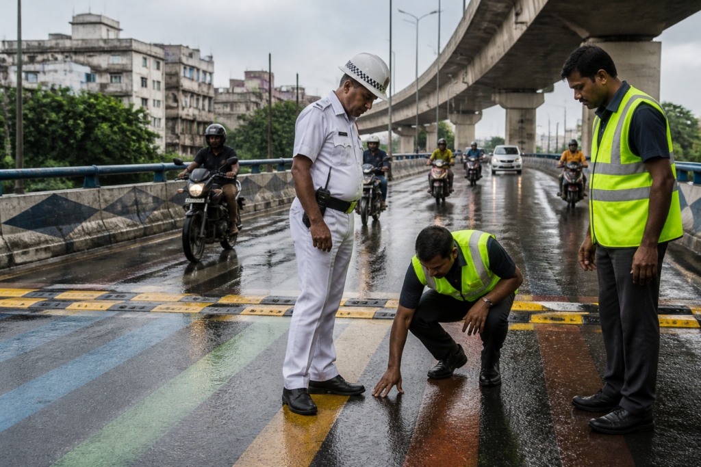 Chingrighata flyover paint being examined after motorcycles skidded on the wet road