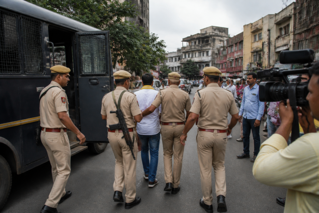 Delhi Police detention of Abhijeet Dipke near a vehicle in Delhi