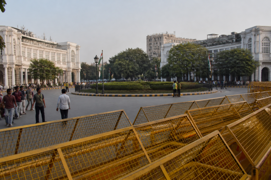 Barricades placed at Connaught Place ahead of the Delhi Tiranga march