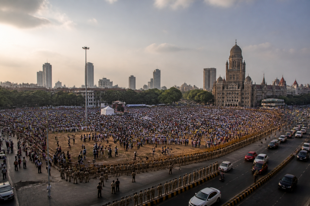 Mumbai Azad Maidan rally site with police personnel managing a large public gathering