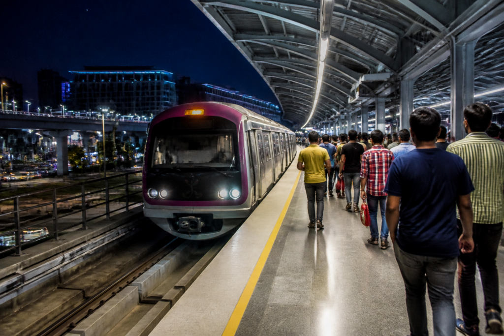 Namma Metro train serving Bengaluru commuters during extended late-night match services