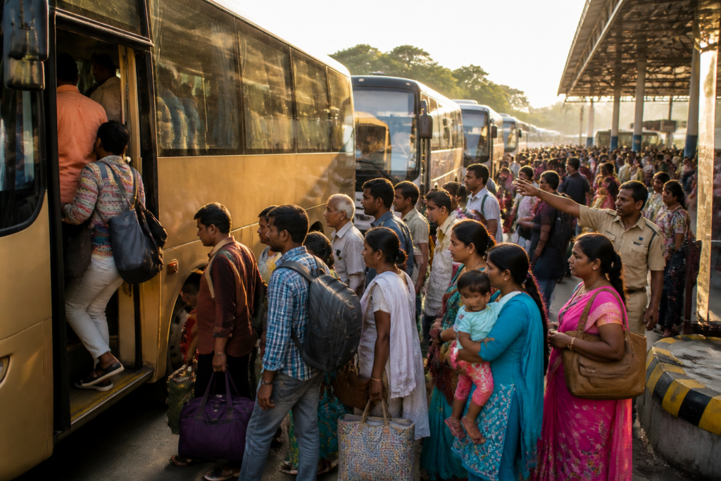 Chennai special buses at a busy city bus terminus during the Ayudha Pooja holiday rush