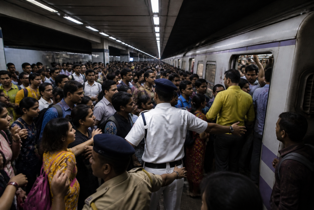 Kolkata Metro overcrowding during Durga Puja as commuters pack a station platform