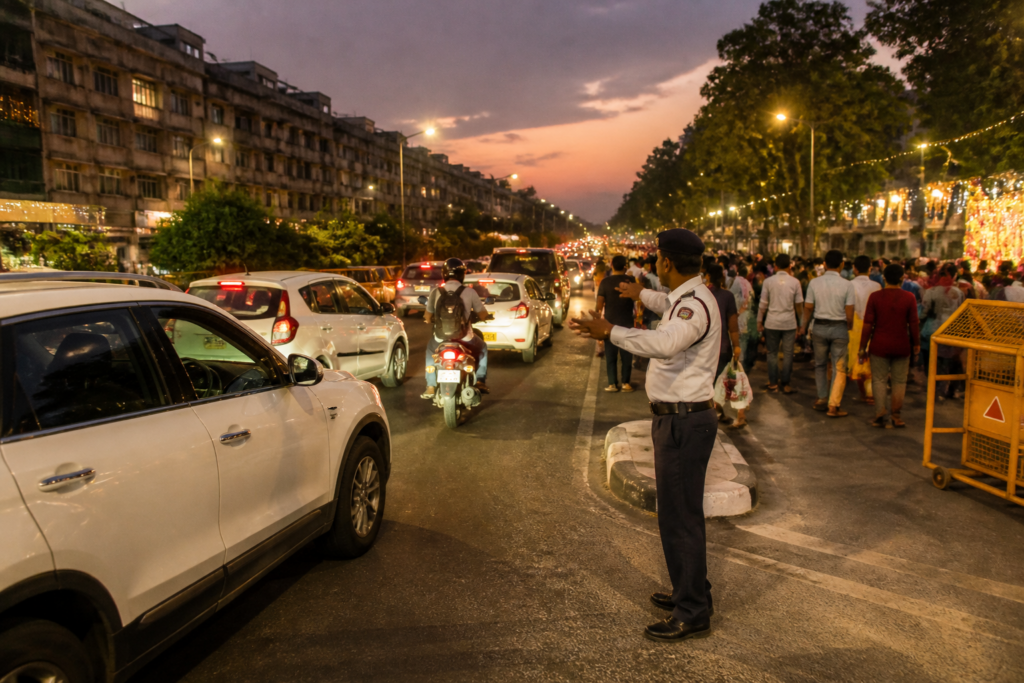 Delhi traffic restrictions near CR Park during evening Durga Puja celebrations