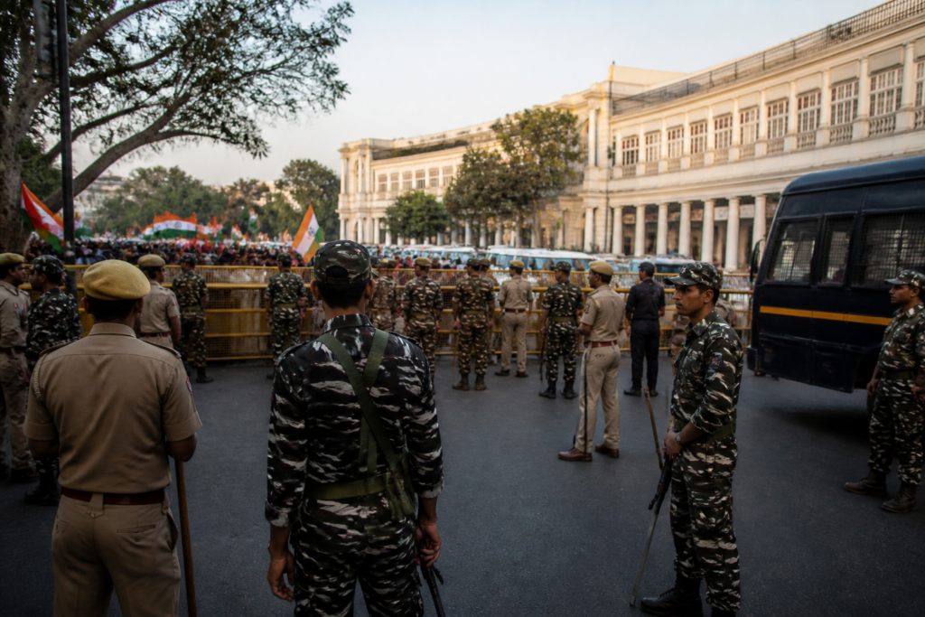 Police deployment around Connaught Place during a Tiranga march and protest restrictions in Delhi