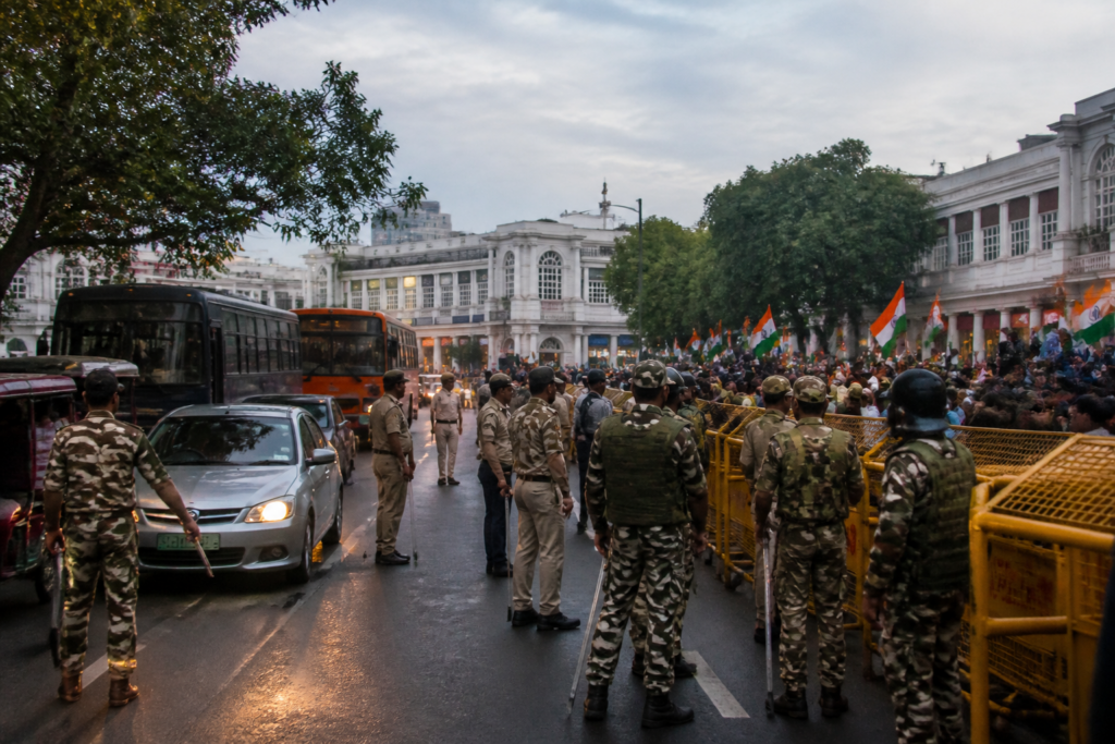 Police deployment during the Connaught Place Tiranga March in central Delhi