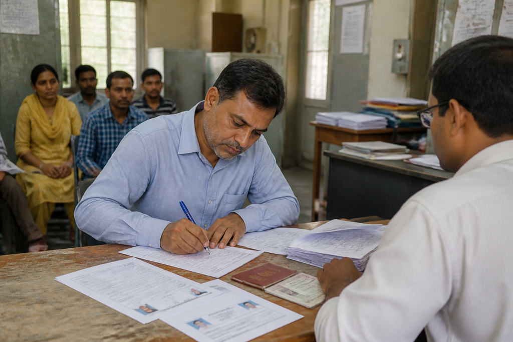 Delhi voter list documents and a Form 6 application at an electoral registration office