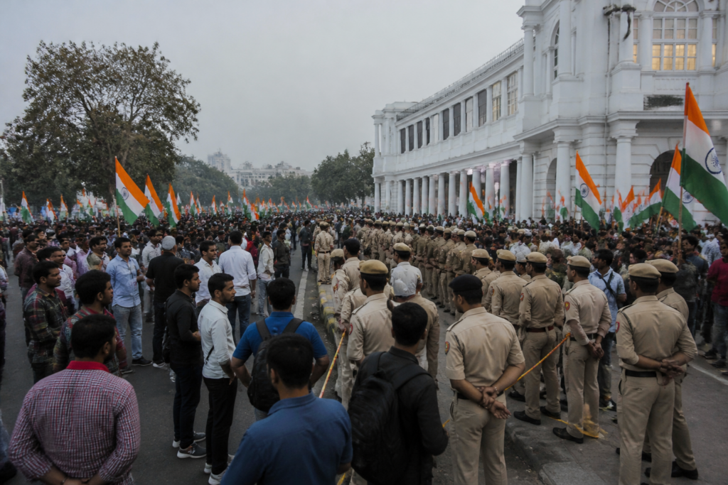 Delhi Tiranga March participants gathering near Central Park in Connaught Place amid police restrictions
